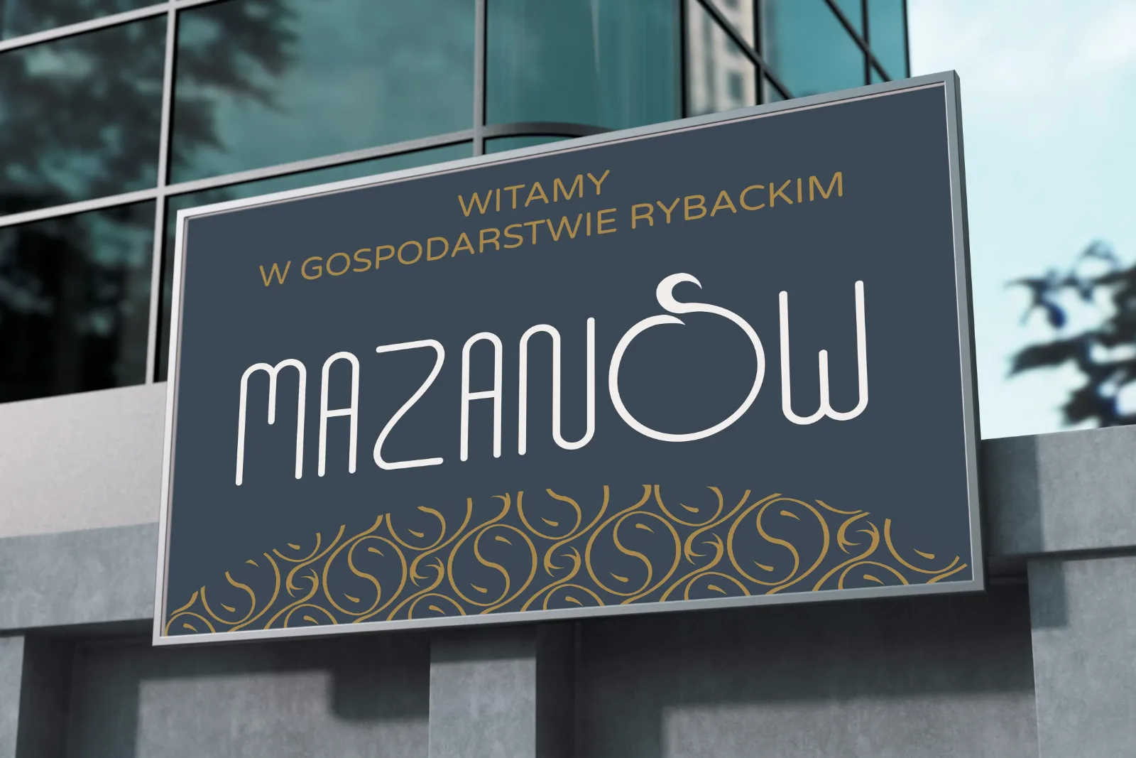 A welcome banner of Mazanów Fish Farm with the logotype and the mark pattern