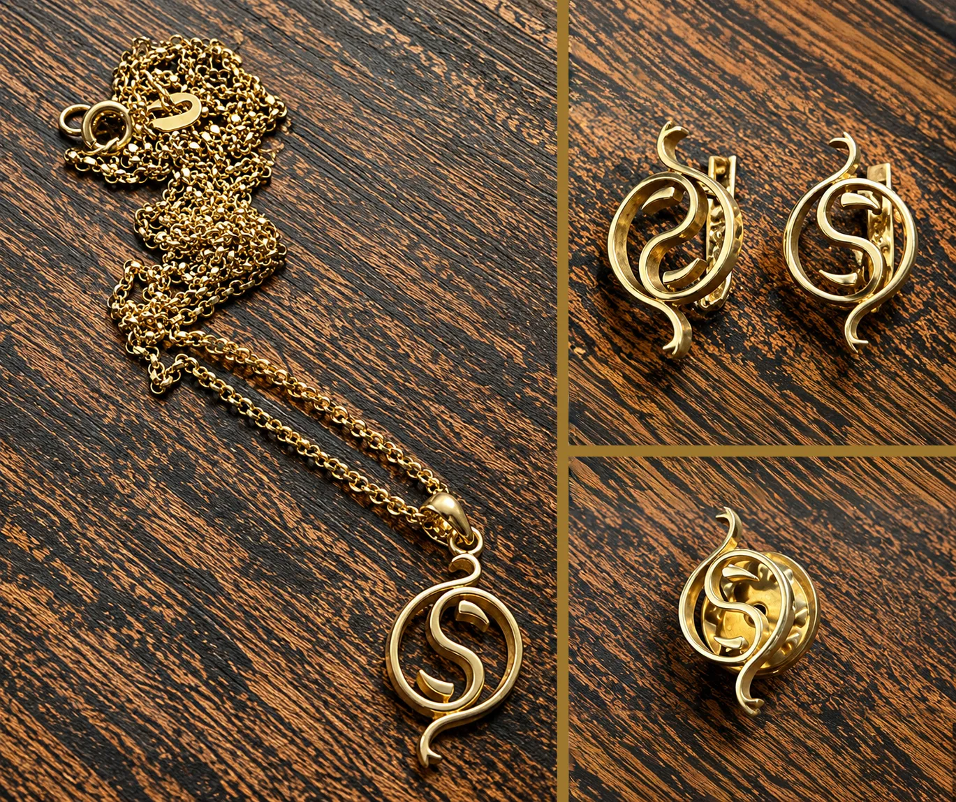 Real gold jewellery with the Mazanów mark – a pendant and earrings made by a jeweller, on a wooden surface