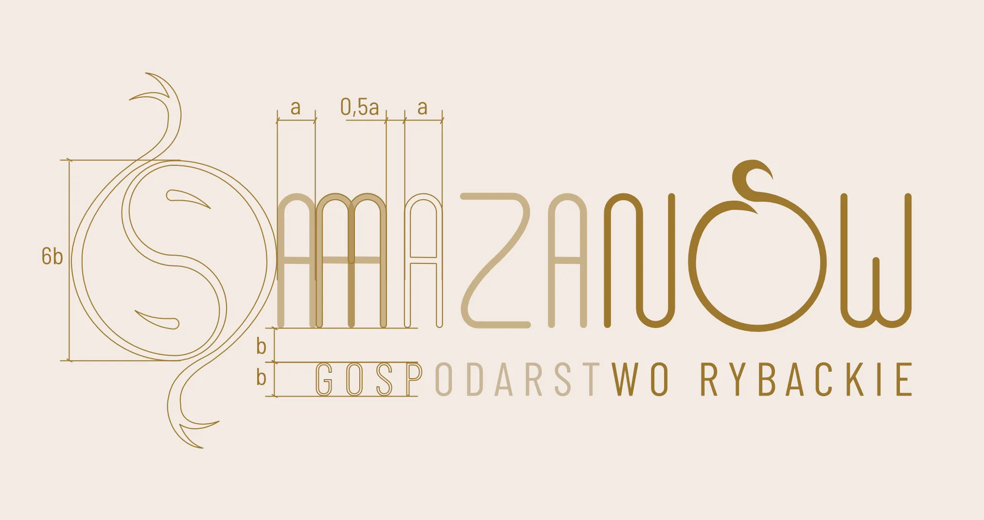 Construction diagram of the Mazanów logotype on a repeating letter module, with guides and dimensions a, 0.5a and 6b