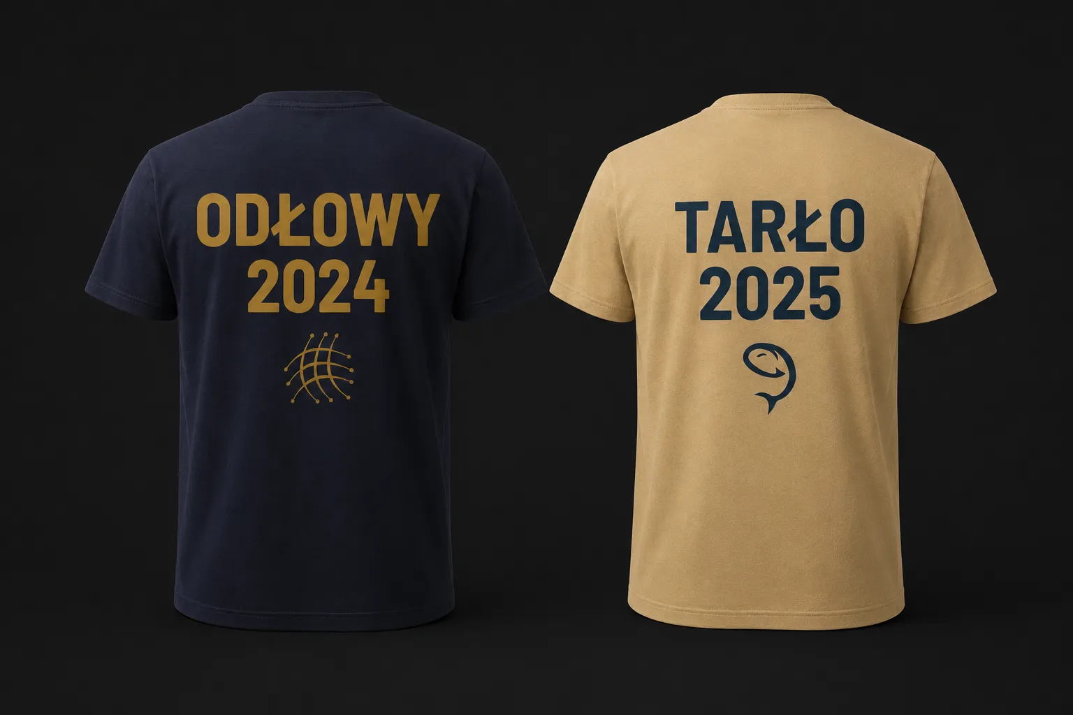 Two Mazanów T-shirts – navy ODŁOWY 2024 and sand TARŁO 2025 – the same system across two seasons