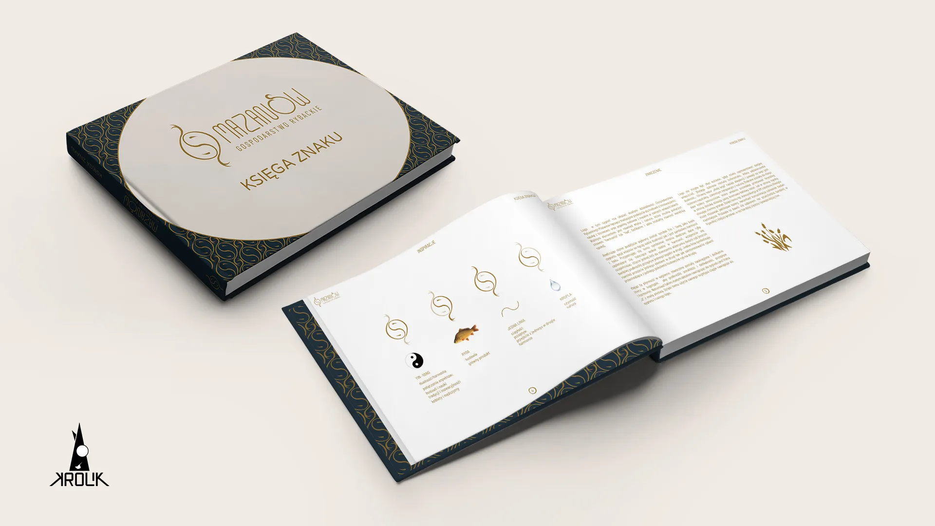 Mazanów Fish Farm brand book – cover and spread decoding the symbol