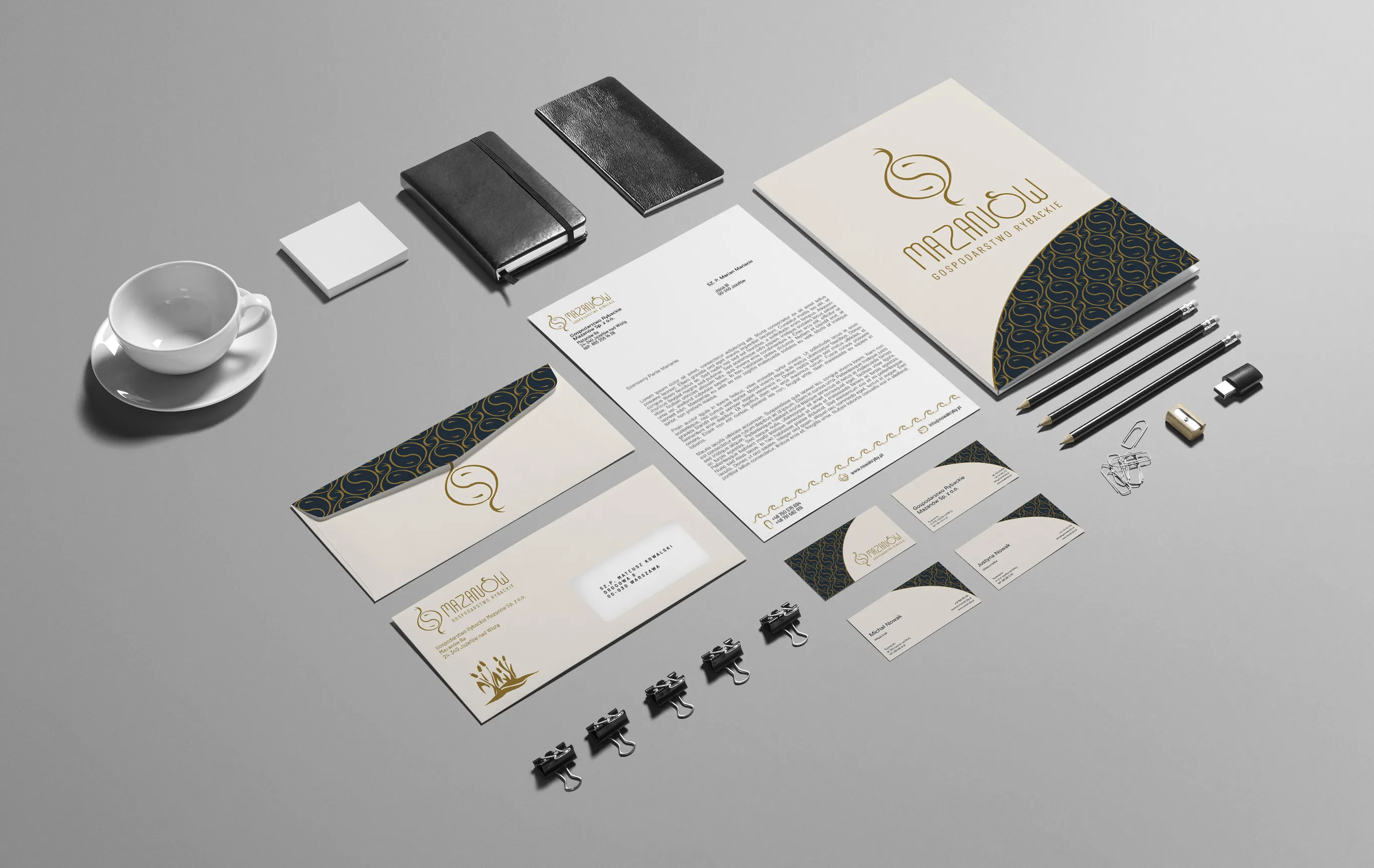 Mazanów company stationery – folder, letterhead, envelope and business cards in one identity
