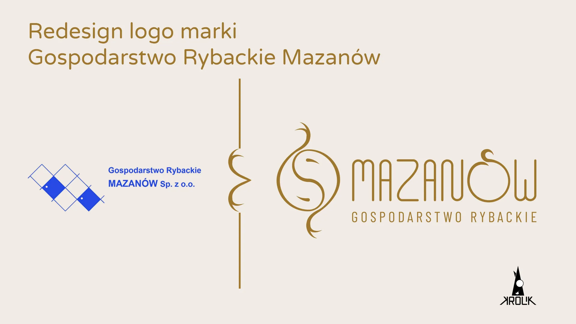 Comparison of the old and new Mazanów Fish Farm logo – on the left the former mark with blue diamonds, on the right the new signet and logotype