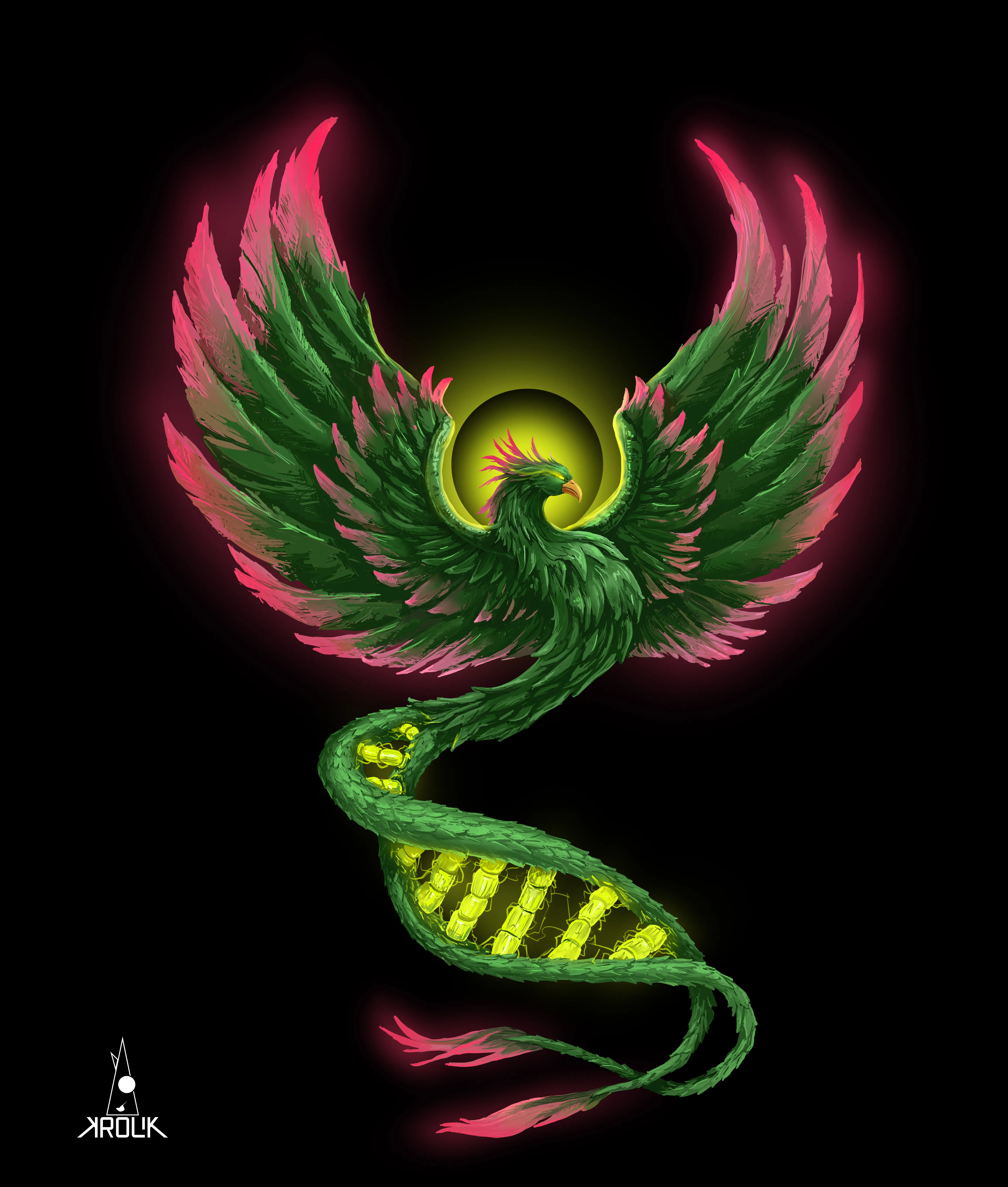 A painted phoenix with a DNA helix on canvas – the physical version of the MetaHealth mark