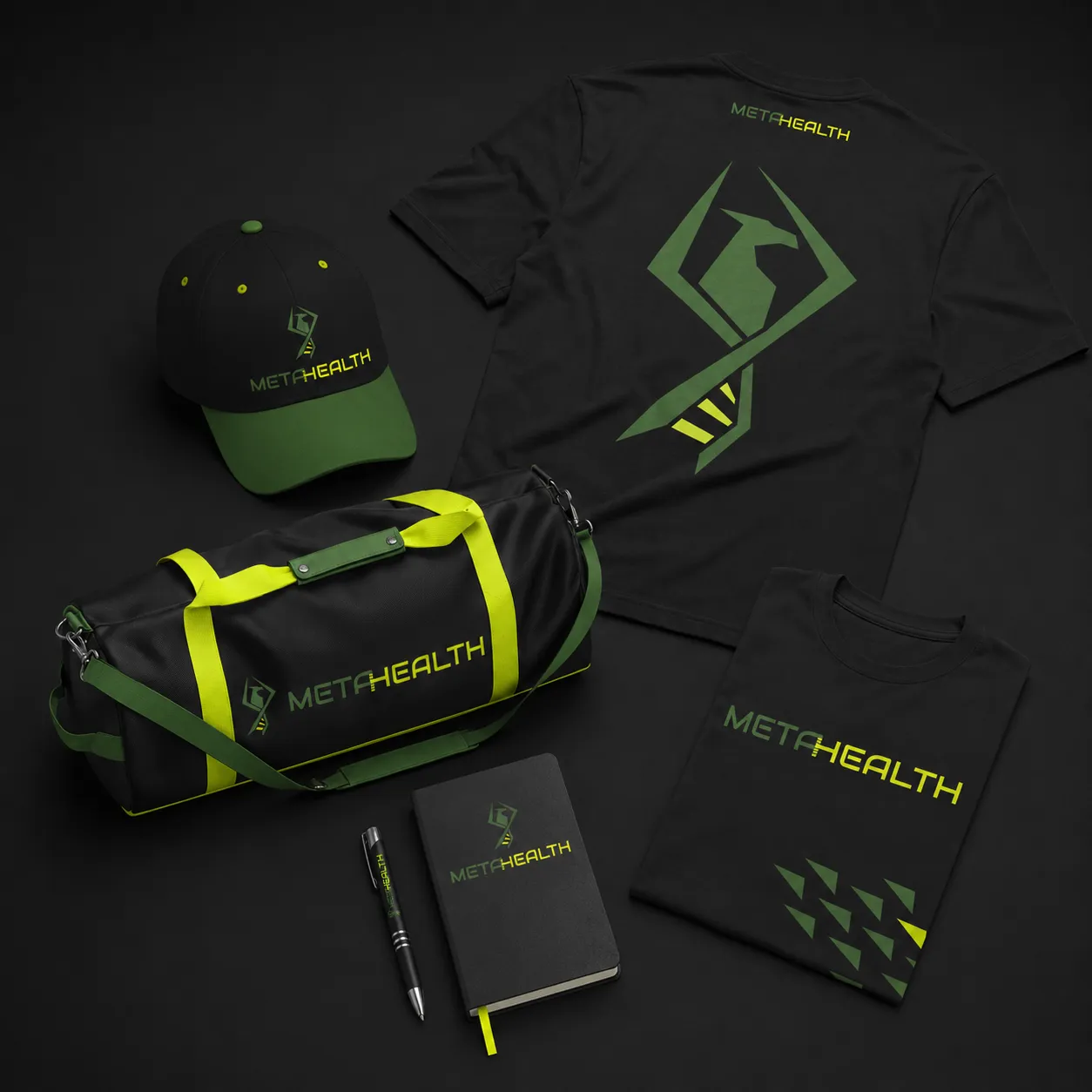 MetaHealth system: cap, bag, shirts, notebook with a pen on a dark background