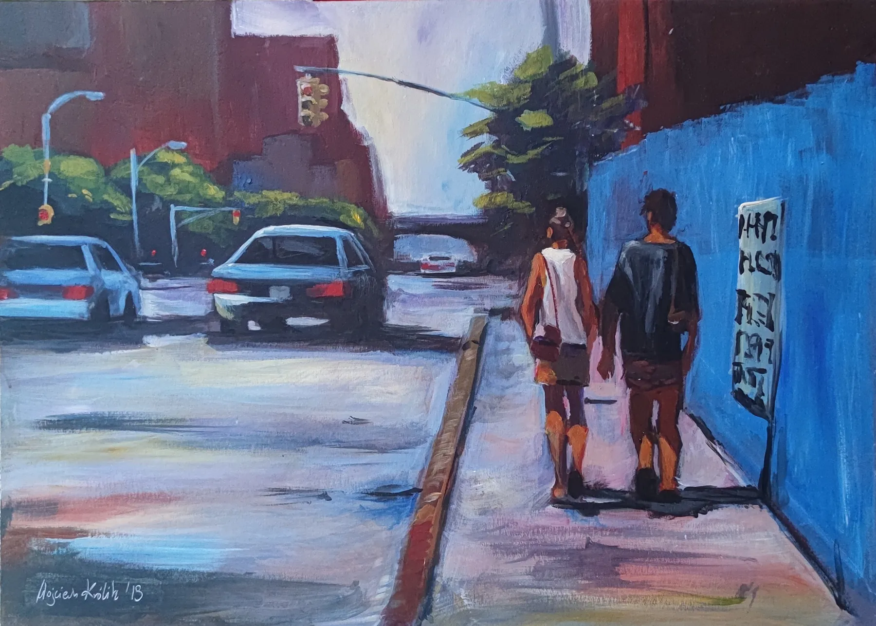 Droga błękitu – dwie postacie idące w stronę światła na mokrej, błękitnej ulicy. Akryl na kartonie, 70 × 50 cm, Wojciech Królik, 2019