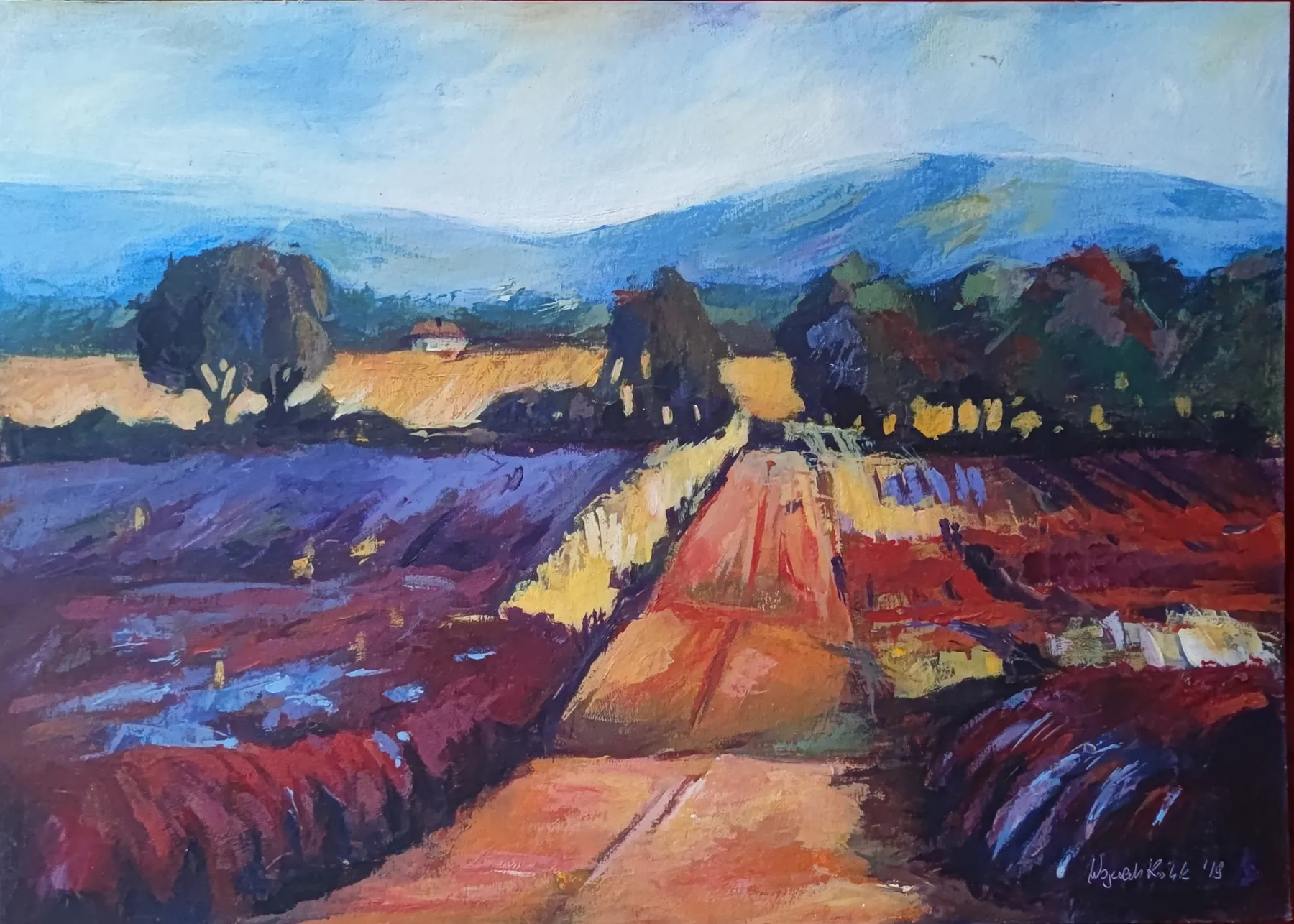 Perspektywa lawendy – pejzaż pola lawendy z drogą wiodącą ku wzgórzom. Akryl na kartonie, 70 × 50 cm, Wojciech Królik, 2019